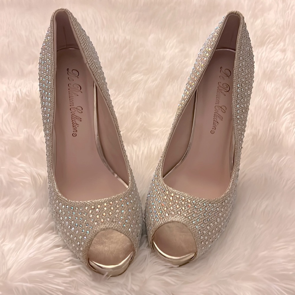 Crystal Studded Platform Stilettos, Gold, Size 10